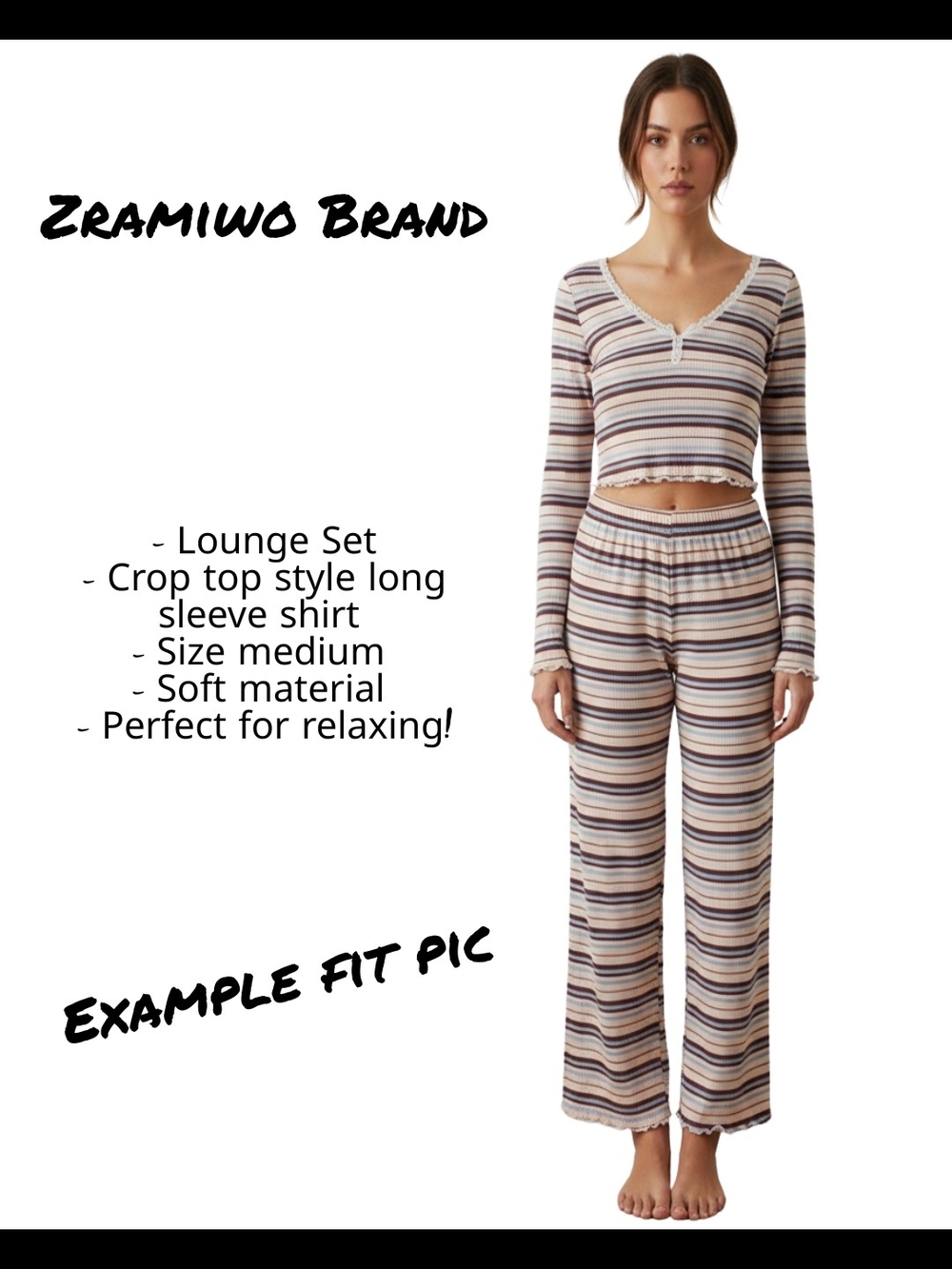 BNWT, Size Med, 2 Piece Long Sleeve Lounge Set, Cream, Brown & Blue Stripes